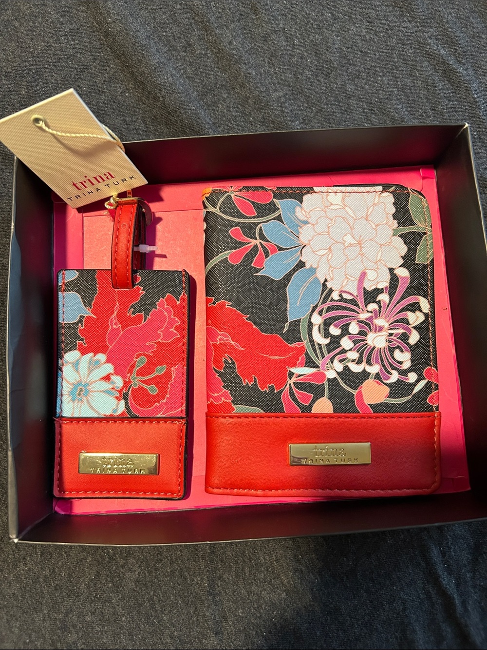 Trina Turk Black & Red Floral Passport Wallet and Luggage Tag Set
